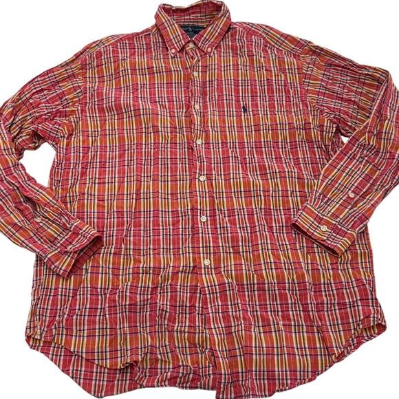 Ralph Lauren Shirt Men Large Blake Red Orange Plaid Button Up Top Cotton Vintage - Picture 1 of 7
